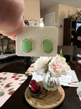 New Green Hexagon Stud Earrings - Gold Trim